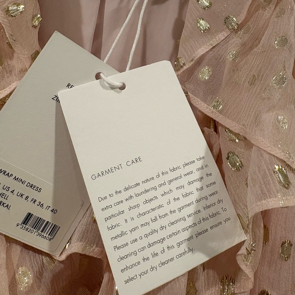 ZIMMERMANN Pink Gold Foil Ruffle Wrap Silk Mini Dress - Long Sleeve Size 0 - NWT - Picture 7 of 16